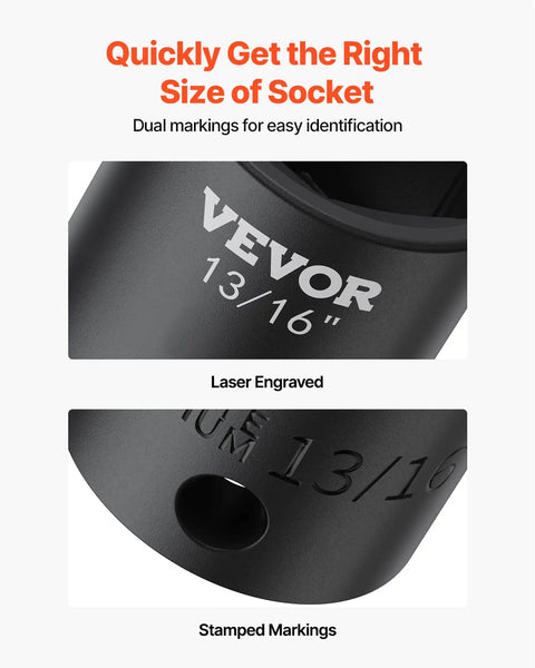 Close-up of laser engraved and stamped markings on Beefy 1/2 Inch Drive 19 Piece Impact Socket Set with 6 Point Hex Sockets, SAE Range 3/8 to 1-1/2 Inches, Chrome Vanadium Steel, High Torque Durability for Tough Jobs.