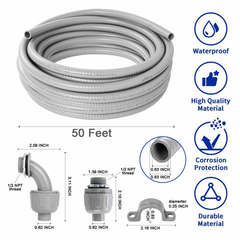 1/2 Inch Flexible PVC Liquid Tight Electrical Conduit Kit With 50 Feet Of Non Metallic Outdoor Grey Wire Raceway and accessories