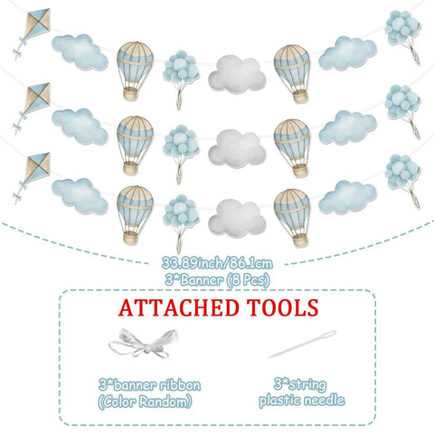 Blue Hot Air Balloon Banner Set For Baby Shower And Birthday Party Adventure Awaits Garland With Clouds And Balloons Three Piece Hanging Decor Travel Theme Party Supplies Totally Fun, shown with attached banner ribbon and string needle.