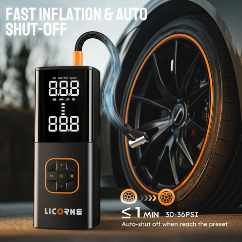 Portable Tire Inflator Air Compressor, 5X Faster Cordless Pump With 180 PSI, Built-In Rechargeable Battery, Digital Gauge near car tire