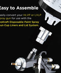 Heavy Duty Paint System Spray Gun Adapter F16 With 16 Mm Female Thread And 1.5 Mm Pitch For High Pressure Low Volume Gravity Feed Cups showing assembly with HVLP gun and cup.