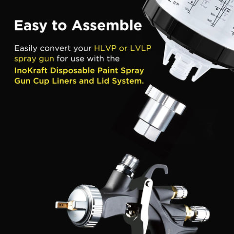 Heavy Duty Paint System Spray Gun Adapter F16 With 16 Mm Female Thread And 1.5 Mm Pitch For High Pressure Low Volume Gravity Feed Cups showing assembly with HVLP gun and cup.