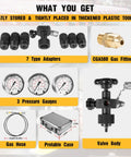 Hydraulic Nitrogen Pressure Gauge Test Kit with three gauges, 7 adapters, gas hose, valve body, and portable case.