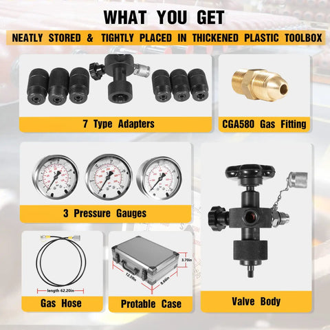 Hydraulic Nitrogen Pressure Gauge Test Kit with three gauges, 7 adapters, gas hose, valve body, and portable case.