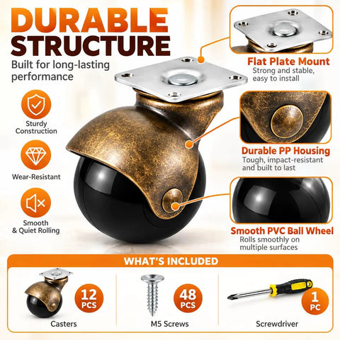 Twelve Piece 2 Inch Ball Caster Set With Swivel Plate Mount For Furniture And Cabinet Projects showing antique brass housing and flat plate mount.