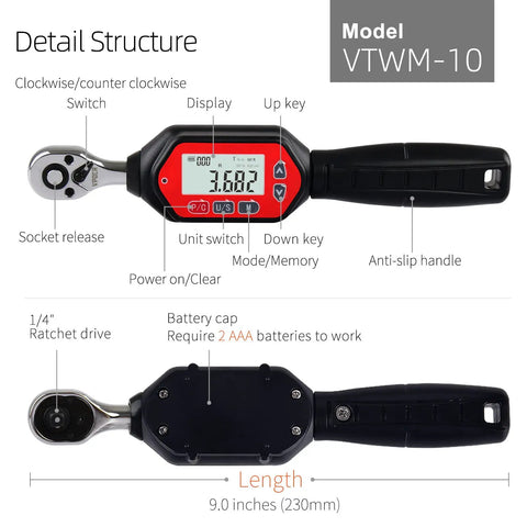 Digital Torque Wrench 1/4 Drive With Buzzer And LED Calibrated No Nonsense Precision showing detail structure and controls