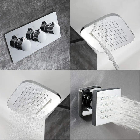 CUTPOIY Shower Set, Wall Bathroom Shower Mixers, Black Golden Brass Rainfall Concealed Shower System Embedded Box Mixer Valve, 8 Inch-A, close-up of shower controls and rainfall shower head.