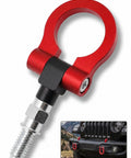 Heavy Duty Car Front Bumper Tow Hook Forged Steel Towing Pull Ring European Thread Screws On Mount Racing Style Recovery Hardware Quick Install Hella Sturdy To Hoist Your Whip Right Off The Road Red close-up image.