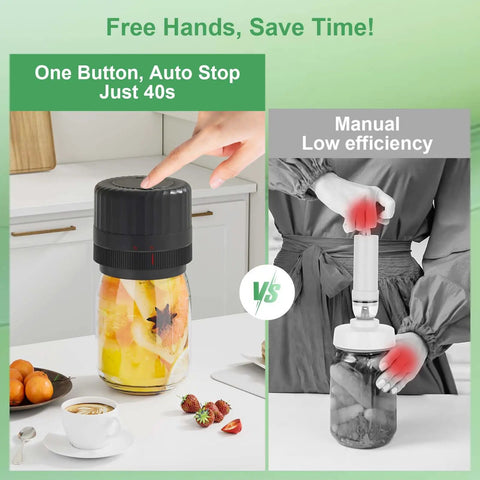 Comparison of Electric Vacuum Sealer For Mason Jars VP06 Plus No Fuss One Button Jar Sealing System and manual process