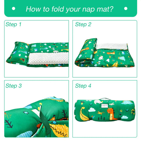 How to fold Rollup Toddler Nap Mat With Removable Pillow And Minky Blanket Dinosaur Themed Sleeping Bag For Daycare Preschool