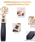 Multifunctional car keychain with detailed gold accents and black leather lanyard, showcasing anti-lost D ring and decorative pearl.