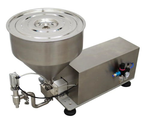 Straight Up Heavy Duty Single Head Liquid and Paste Bottle Filling Machine Built for Zero Sweat Operations With a Rock Solid Pneumatic Gear Pump and 20mm Nozzle for Honey Jam Syrup Drinks, stainless steel 30L hopper.