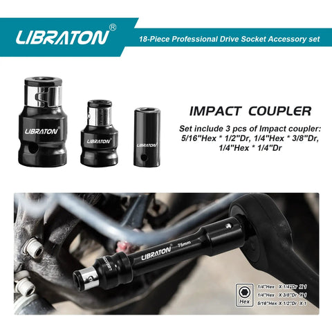 18 Piece Socket Extension And Ratchet Set With Impact Adapters And Swivel Sockets For Quarter Inch Three Eighths Inch And Half Inch Drives Includes Universal Joints And Adapters Heavy Duty Pro Grade Drive Accessories showing impact couplers in use.