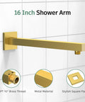 16 inch shower arm from Brushed Gold Three Way Shower Set With Valve 8 Inch Square Shower Head Single Handle Trim Kit Extra Long