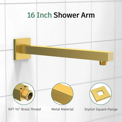 16 inch shower arm from Brushed Gold Three Way Shower Set With Valve 8 Inch Square Shower Head Single Handle Trim Kit Extra Long