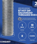 Close-up of Rugged 1 Inch Diameter 18 Inch Length All Thread Rod Kit 2 Pack Hot Dip Galvanized Grade B7 Steel With Coarse UNC Threads 8 TPI