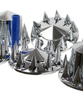 Chrome ABS Axle Cover Kit for 10 Hole Wheels 11 1/4 Inch Bolt Circle Universal Fit Includes Front and Rear Covers 60 Nut Covers 33mm Thread On Flange Nuts and Removable Spiked Center Cap for a Street Ready Look, showing chrome spiked caps.