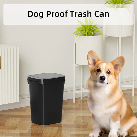 3 Pack Slim Trash Can With Pop Up Lid 2.6 Gallon 10 Liter Black Waste Bins For Bathroom Kitchen, with dog proof feature.