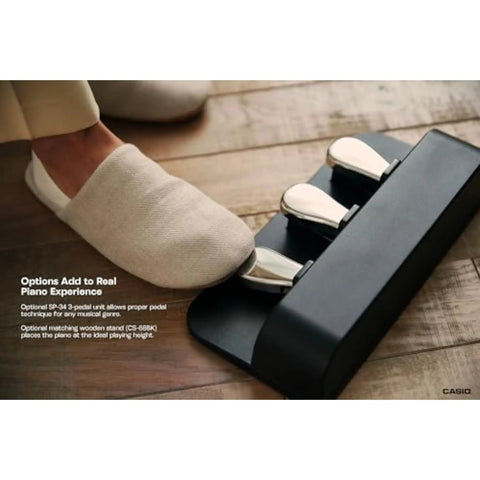 Foot pressing pedal of Px-S3100 88 Key Weighted Digital Piano With Bluetooth Audio MIDI, three pedal unit on wooden floor