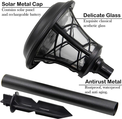 Close-up of Eight Pack 25 Lumen Solar Powered Pathway Lights with solar cap, black delicate glass, and antirust metal stake components.