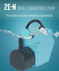 300 GPH 115 Volt Oil Filled Submersible Pump With Aluminum Die Cast Housing shown with water splash, black top, blue body.