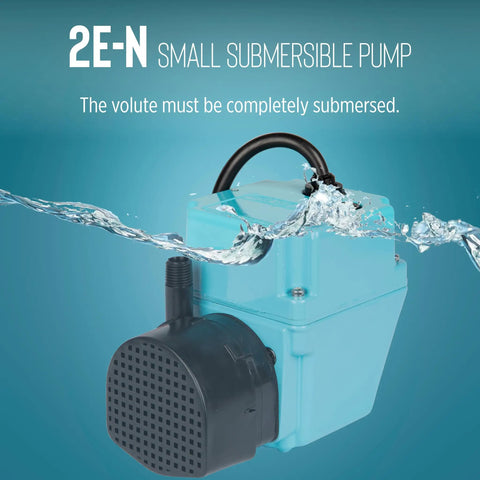300 GPH 115 Volt Oil Filled Submersible Pump With Aluminum Die Cast Housing shown with water splash, black top, blue body.
