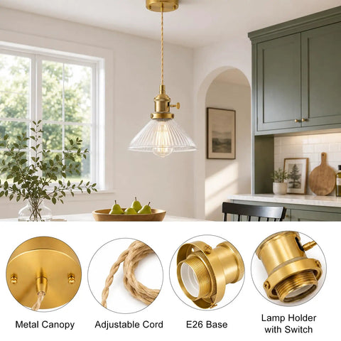 Slick Polished Brass Pendant Light Cord Kit With Heavy Duty Braided Textile Wire And Secure E26 Lamp Base hanging in a kitchen.