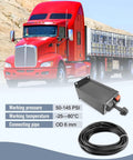 Red dump truck with PTO Hoist Control Valve Air Kit, K90 dual valve console, 10m air tube, and specifications overlay.