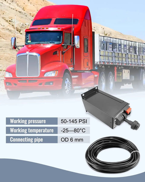 Red dump truck with PTO Hoist Control Valve Air Kit, K90 dual valve console, 10m air tube, and specifications overlay.