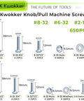 K Kwokker Knob/Pull Machine Screws 650PCS kit including #8-32 and #6-32 screws, nuts, and washers for cabinet fixtures.