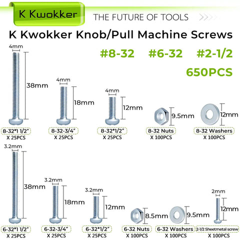K Kwokker Knob/Pull Machine Screws 650PCS kit including #8-32 and #6-32 screws, nuts, and washers for cabinet fixtures.