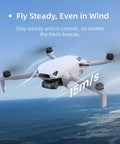 Top Of The Line Mini Drone With Camera Cranking 4K 60fps Smooth Videos And 8K Ultra-Clear Photos flying over ocean, showcasing aerodynamic design.