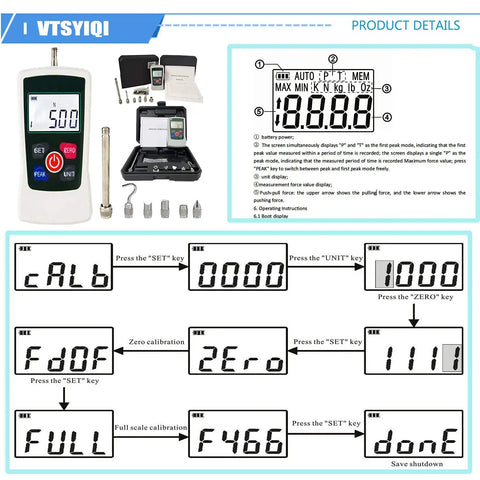 500N Digital Push Pull Force Gauge Tester For Lab Destructive Testing, 50Kg, 110Lbf, 1800Oz Capacity, Ultra Precise 0.1N, 0.01Kg, 0.01Lb Readouts, Inner Sensor Dynamometer, Built Tough For Real World Use, kit with accessories and display guide