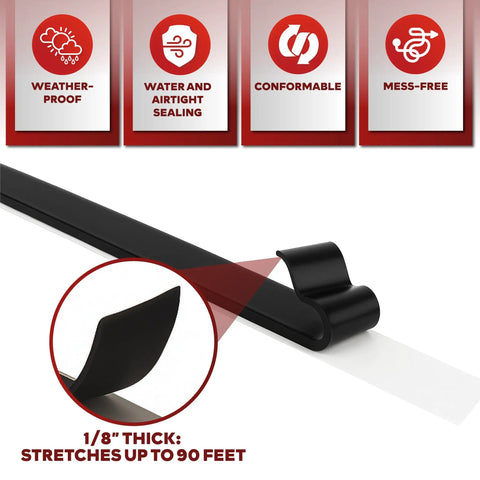 Butyl Tape Sealant For RV And Boat Repair Three Quarters Inch By Forty Five Feet One Eighth Inch Thick EPDM Rubber SelfAdhesive Leak Proof Patching Tape For Roofs Windows Seams Marine And Auto Weatherproofing showing black strip, benefits, and close-up of thickness