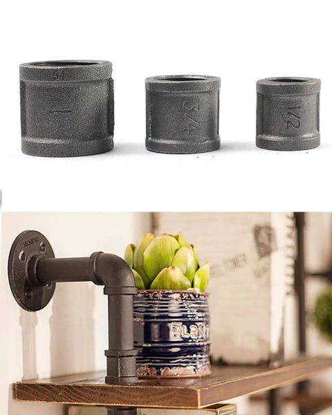 Heavy Duty One Half Inch Cast Iron Floor Flange Fittings For DIY Furniture And Shelving Projects Black DN15 Pipe Connections 4 Pack Pre Drilled Holes For Quick Install displayed with other pipe fittings and a shelf setup.