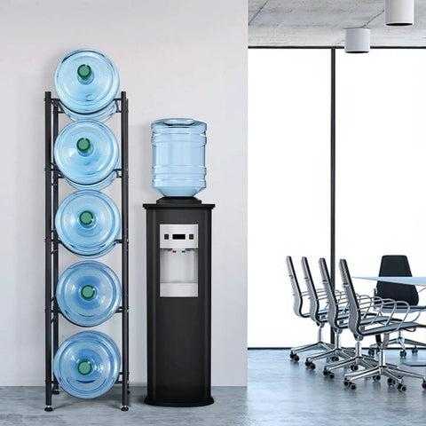 Five Gallon Water Jug Holder And Five Tier Heavy Duty Water Cooler Rack With Detachable Stand No Fuss For Easy Assembly Space Saving Vertical Stack Design And Water Bottle Organizer Black in modern office