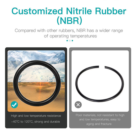 Image comparing durable nitrile rubber O-ring with inferior rubber, highlighting temperature resistance and durability.