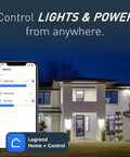 Radiant WNRH1NI In Wall Smart Gateway with Netatmo app on smartphone controlling home lighting at night.