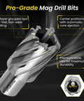 14 Piece Annular Cutter Set Featuring M2AL High Speed Steel Weldon Shank Magnetic Drill Bits Heavy Duty Hole Boring Kit close up of magnetic drill bit.