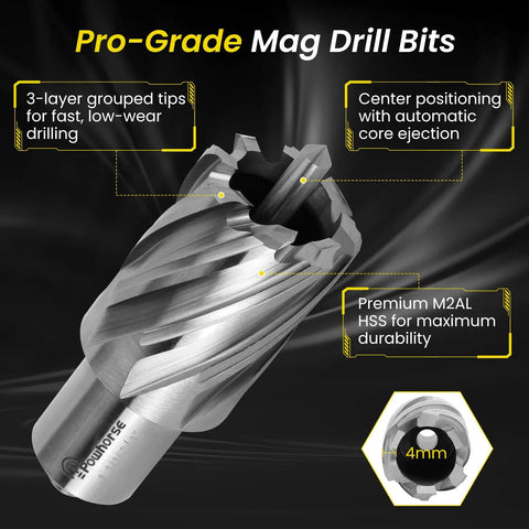 14 Piece Annular Cutter Set Featuring M2AL High Speed Steel Weldon Shank Magnetic Drill Bits Heavy Duty Hole Boring Kit close up of magnetic drill bit.