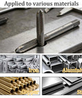 Two Pack M5 X 0.8 Hand Taps for Internal Threading And Repair shown applied to iron, aluminum, copper, and steel materials