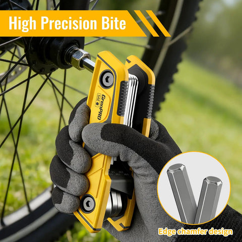 Person using Folding Wrench Set 17-Piece With 9 SAE And 8 Metric Hex Keys, Handy Bike Tool Kit for quick bike repair.