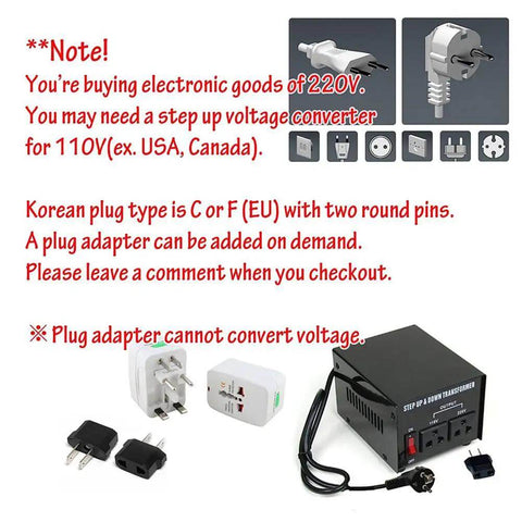 Plug adapters and step-up voltage converter for 220V electronics, Korean C or F plug type, includes adapter options and warnings.
