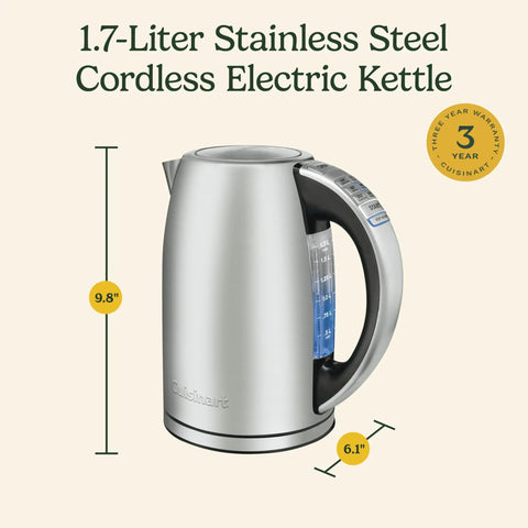 PerfecTemp 1.7 Liter Electric Kettle Cordless With 1500W Fast Heat Up And 6 Preset Temperatures 30 Minute Keep Warm Stay Cool Nonslip Handle Easy Pour For Tea Coffee Oats And More stainless steel side view