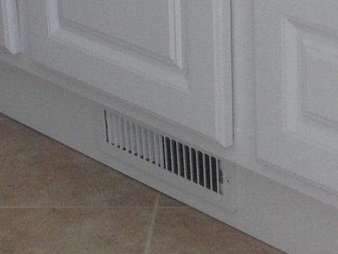 Under Cabinet Toe Kick Register Plate For Heating And Cooling In Stamped Metal With White Or Brown Painted Finish Sleek Vent Grille