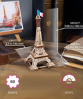 Paris Tower 3D Puzzle Kit No Glue Needed, 50 Wooden Pieces, 7.08 Inch Tall, Brown Finish, Easy Build For DIY Enthusiasts And Collectors, World Cities Collection, Fun Desk Model For Kids And Adults, Eiffel Tower on desk