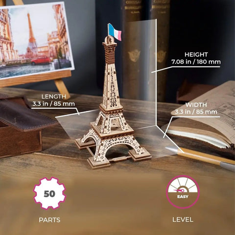 Paris Tower 3D Puzzle Kit No Glue Needed, 50 Wooden Pieces, 7.08 Inch Tall, Brown Finish, Easy Build For DIY Enthusiasts And Collectors, World Cities Collection, Fun Desk Model For Kids And Adults, Eiffel Tower on desk