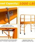 Heavy Duty Baker Style Rolling Steel Scaffold Built Like A Tank For 1000 Lb Loads showing spring latch and adjustable height features.