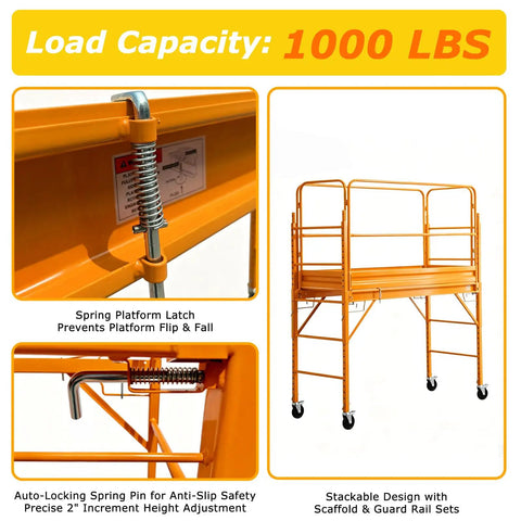 Heavy Duty Baker Style Rolling Steel Scaffold Built Like A Tank For 1000 Lb Loads showing spring latch and adjustable height features.
