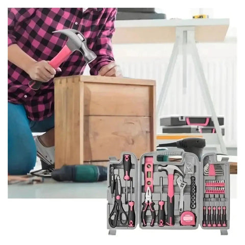54 Piece Pink Tool Kit For Women Newbies DIY Home Repair Tools Set In Portable Toolbox Case in use by woman assembling a crate